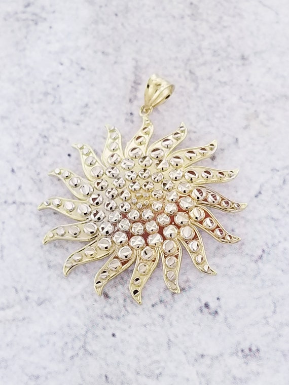 14k Two Tone Fancy Diamond Cut Sun Pendant - image 3