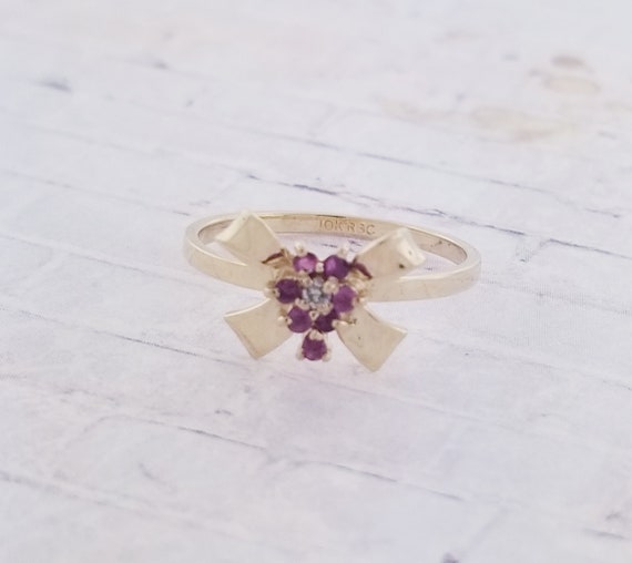 10k Yellow Gold Vintage Ruby and Diamond Bow Shap… - image 3