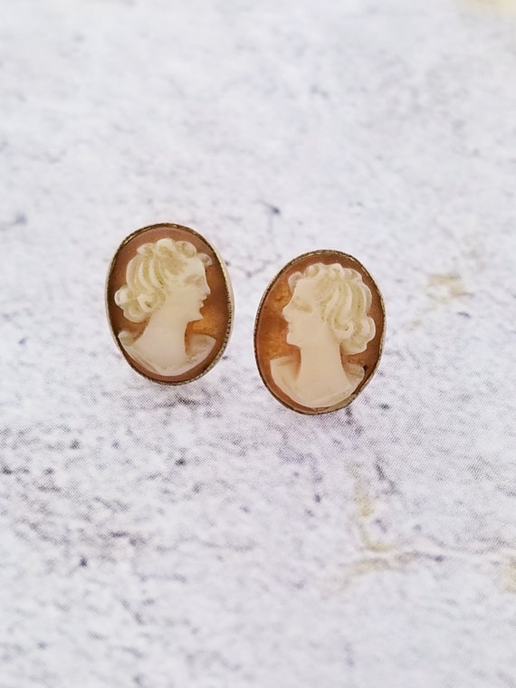 Vintage Cameo Gold Stud Earrings, Yellow Gold Cameo E… Gem