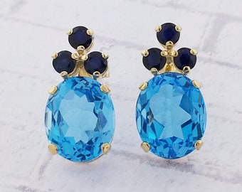 14k Yellow Gold Blue Topaz and Sapphire Stud Earrings