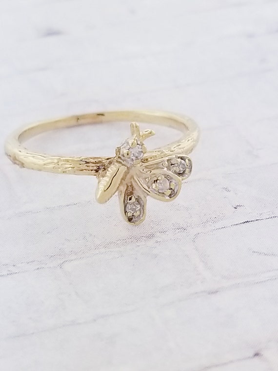 10k Yellow Gold Vintage Butterfly Ring with Diamo… - image 7