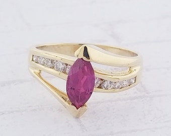 14k Yellow Gold Synthetic Ruby and Diamond Ring