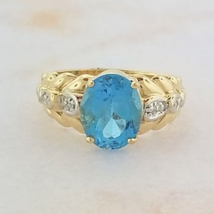 14k Yellow Gold Vintage Blue Topaz and Diamond Ring