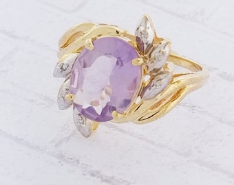 Anello vintage in oro giallo 10k con ametista e diamanti
