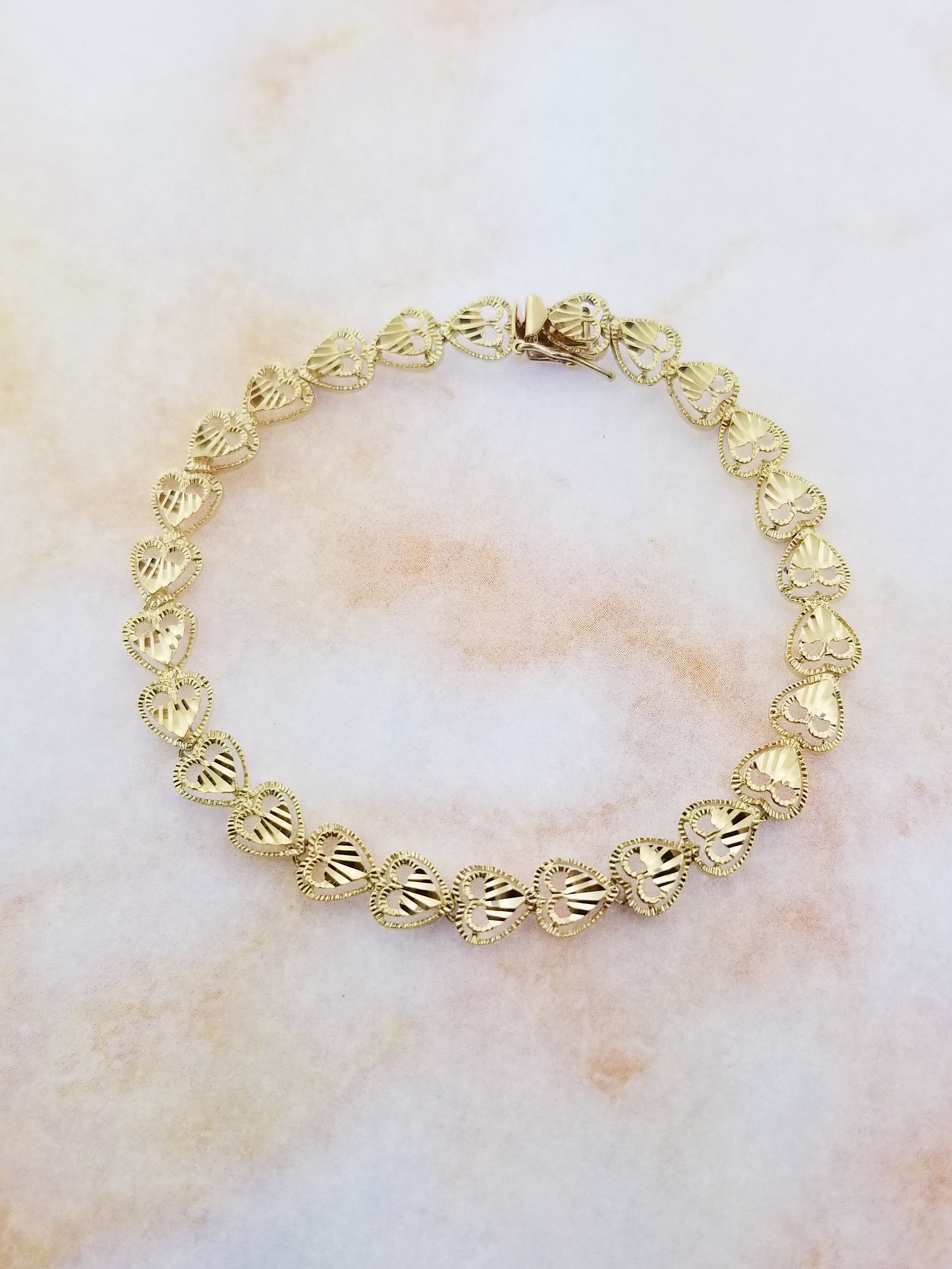 14k Yellow Gold Diamond Cut Heart Bracelet | Etsy