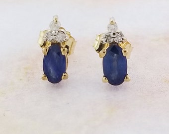 14k Yellow Gold Sapphire and Diamond Stud Earrings