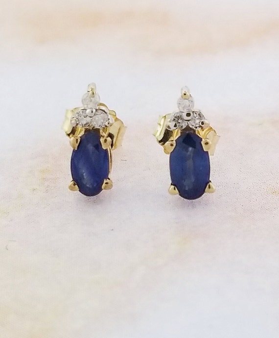 14k Yellow Gold Sapphire and Diamond Stud Earrings - image 1