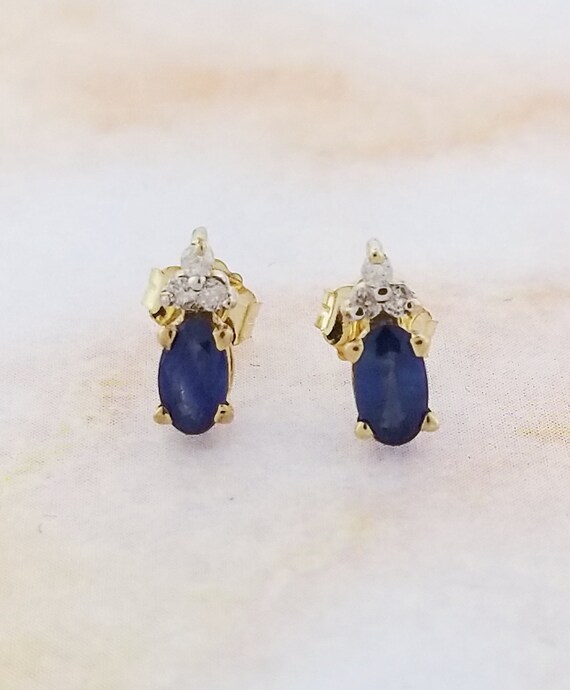 14k Yellow Gold Sapphire and Diamond Stud Earrings - image 3