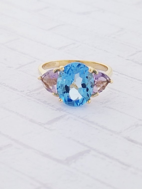 14k Yellow Gold Vintage Blue Topaz and Amethyst R… - image 1