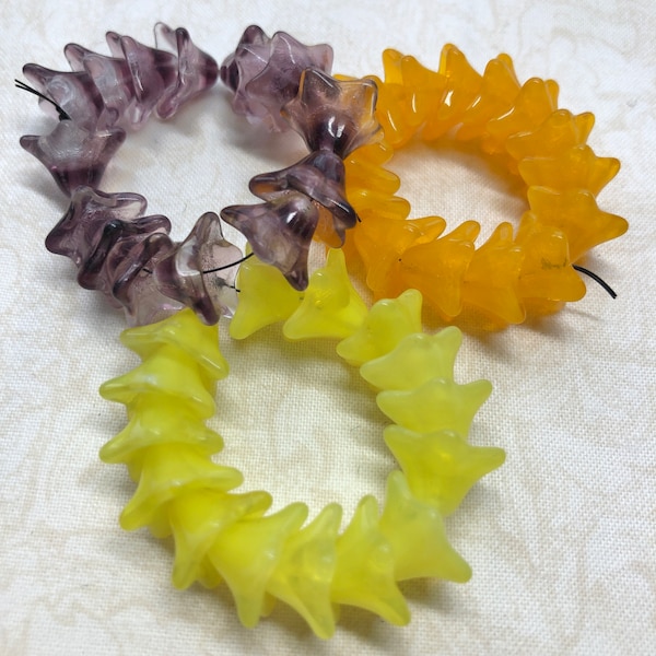 Vintage Czech Glass Bell Flower Beads, 15pc, 8x12mm, Yellow, Purple, Orange Sherbet, Jewelry Making Supply, Beading, #FL159