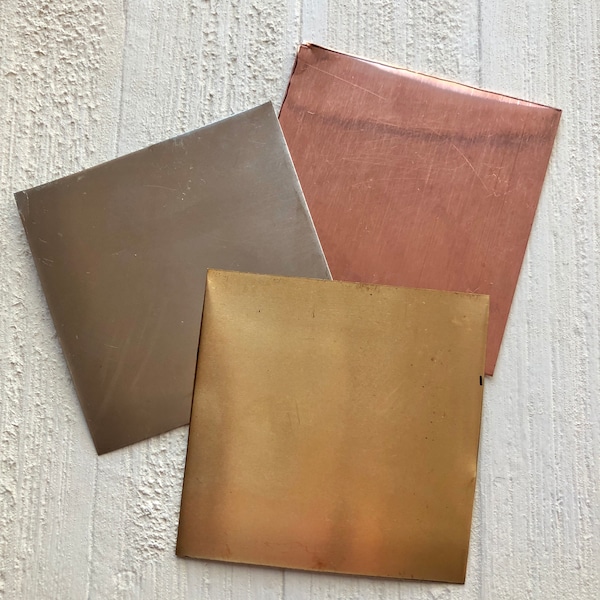 1 Metal Sheet, Copper, Red Brass or Nickel Silver Metal, 28g and 24g, 3 inch squares, Single Sheets, Metalsmith, Metal Jewelry Making Supply