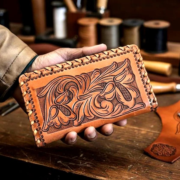 Cartera de cuero hecha a mano / Cartera larga de vaquero estilo motero con diseño floral estilo western y detalles cosidos a mano