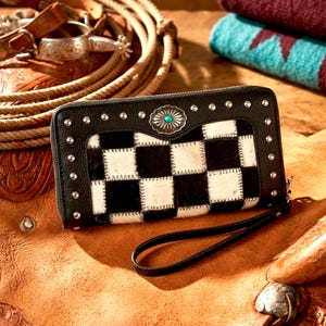 Hair-on Leather Wallet | Black & White Chess Square | Western Cowgirl Style | Christmas Gift for Her