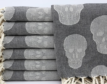 Black Towel,Bridesmaid Gift Towel,Wholesale Towel,Hammam Towel,Spa Towel,Turkish Towel,Skull Design Towel,40"x70",Turkish Peshtemal,MO017D