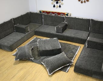 Canapé de 20 cm (8 po.) d'épaisseur, ensemble de canapés gris foncé au sol, ensemble de canapés COMPLET en forme de U, pouf ottoman, sièges orientaux, majilis arabes, coussin