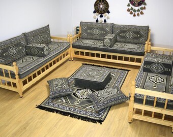 Kilim gris avec banc en bois fait main, ensemble de sièges de style arabe, canapé ottoman, ensemble complet en forme de U, ensemble de canapés en pin, causeuse