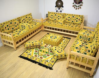 Banc en bois fait main de couleur jaune, Canapé arabe oriental, Canapé anatolien, Banc en bois, Meubles d'extérieur, Ensemble canapé de salon avec banc