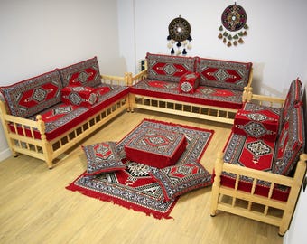 Ensemble de canapé tapis rouge, canapé oriental avec banc en bois, canapé de salon marocain, majlis arabe, fauteuil de patio, ensemble de canapé d'angle, banc de jardin