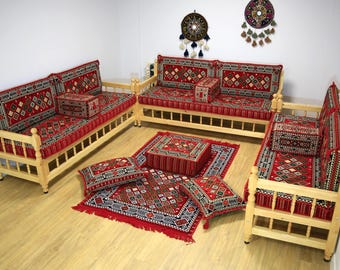 Ensemble de canapé en bois de pin, banc kilim rouge, canapé mobilier ottoman, majlis arabe, canapé canapé yéménite, meubles de jardin, décoration de salon