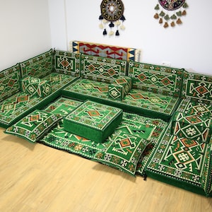 Green U-shaped FULL SET Ottoman Sofa, Majlis Sofa SET, Oriental Sofa for Living Room Furniture, Yemen Sofa, Green Anatolian Floor Seating