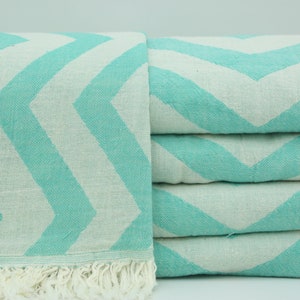 May include: A stack of turquoise and white striped towels with a fringe border. The towels are folded and stacked on a white surface.