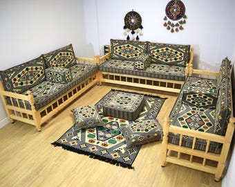 Ensemble de canapés-bancs en bois faits main kilim de couleur grise, ensemble complet en L pour les invités, sièges au sol bohèmes, décoration Majlis, banc de salon oriental