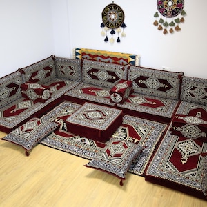 Burgundy Rug Upholstered U FULL SOFA SET, Arabic Floor Seating, , Yemen Majlis, Oriental Floor Seating Sofa Couch, L Shaped Sectional Sofa