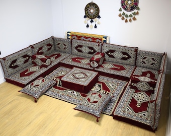 Burgundy Rug Upholstered U FULL SOFA SET, Arabic Floor Seating, , Yemen Majlis, Oriental Floor Seating Sofa Couch, L Shaped Sectional Sofa