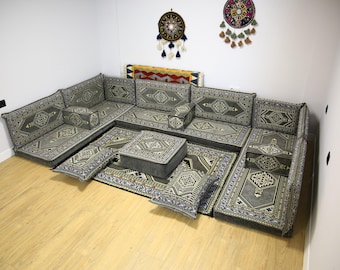 Gray Color Kilim U-shaped FULL Set, Arabic Oriental Sofa, Living Room Furniture, Home Decor, Sectional Set, Ottoman Floor Set, Ottoman Sofa