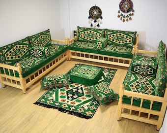 Ensemble de mobilier d'extérieur vert, Banc en bois, Canapé arabe avec bancs en bois, Canapé de style rustique, Canapé oriental, Meubles en bois de jardin