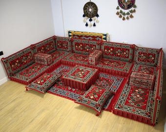 Kilim Pattern Sofa, Red Ottoman Floor Seating, U-shaped Floor Seating, Majlis Couch with Cushions, Moroccan Style Couch, Arabic Floor Sofa