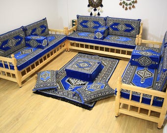 Canapé rembourré tapis bleu, banc en bois fait main, ensemble de sièges de style turc, canapé arabe, canapé ottoman, ensemble de canapé en pin