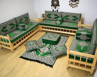 Canapé rembourré tapis vert, banc en bois fait main, canapé banc en bois de pin, ensemble de sièges de style arabe, canapé Majlis du Yémen, canapé ottoman