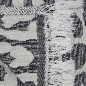 May include: A white and black throw blanket with a leopard print pattern. The blanket has a fringe border and is made of a soft, woven fabric.