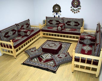Tapis bordeaux, causeuse avec banc en bois de pin, canapé arabe, ensemble complet en forme de U, banc kilim ottoman, meubles d'extérieur, ensemble complet de canapé en L