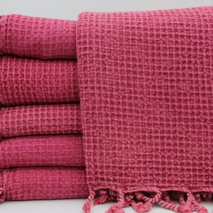 Bridesmaid Gift,Turkish Blanket,Stonewashed Blanket,Turkish Bedspread,Waffle Blanket,70&quot;x87&quot;,Fuchsia Blanket,Handmade Gift Blanket,UA002E
