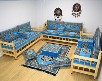 Causeuse tapissée bleue avec bancs en bois, canapé arabe, banc ottoman, ensemble de canapés en bois de pin, banc de jardin en bois, banc en forme de L