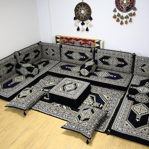 Navy Kilim U-Shaped FULL Set, Cozy Kilim Sofa Covers, Kilim Pattern Floor Seating, Housewarming Gift, Oriental Boho Lounge Set, L FULL Sofa