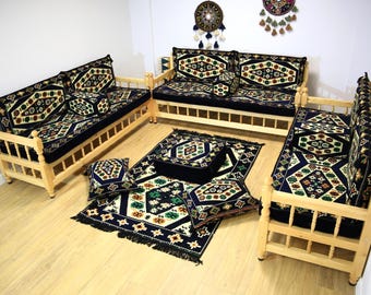 Ensemble de canapé rembourré en kilim bleu marine, banc en bois, canapé ottoman, ensemble de canapé en bois de pin, meubles de salon ethniques, assise au sol bohème