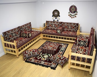 Canapé rembourré tapis rouge avec banc en bois fait main, canapé ottoman, coussin kilim pour décoration de salon, banc en bois, canapé arabe, causeuse