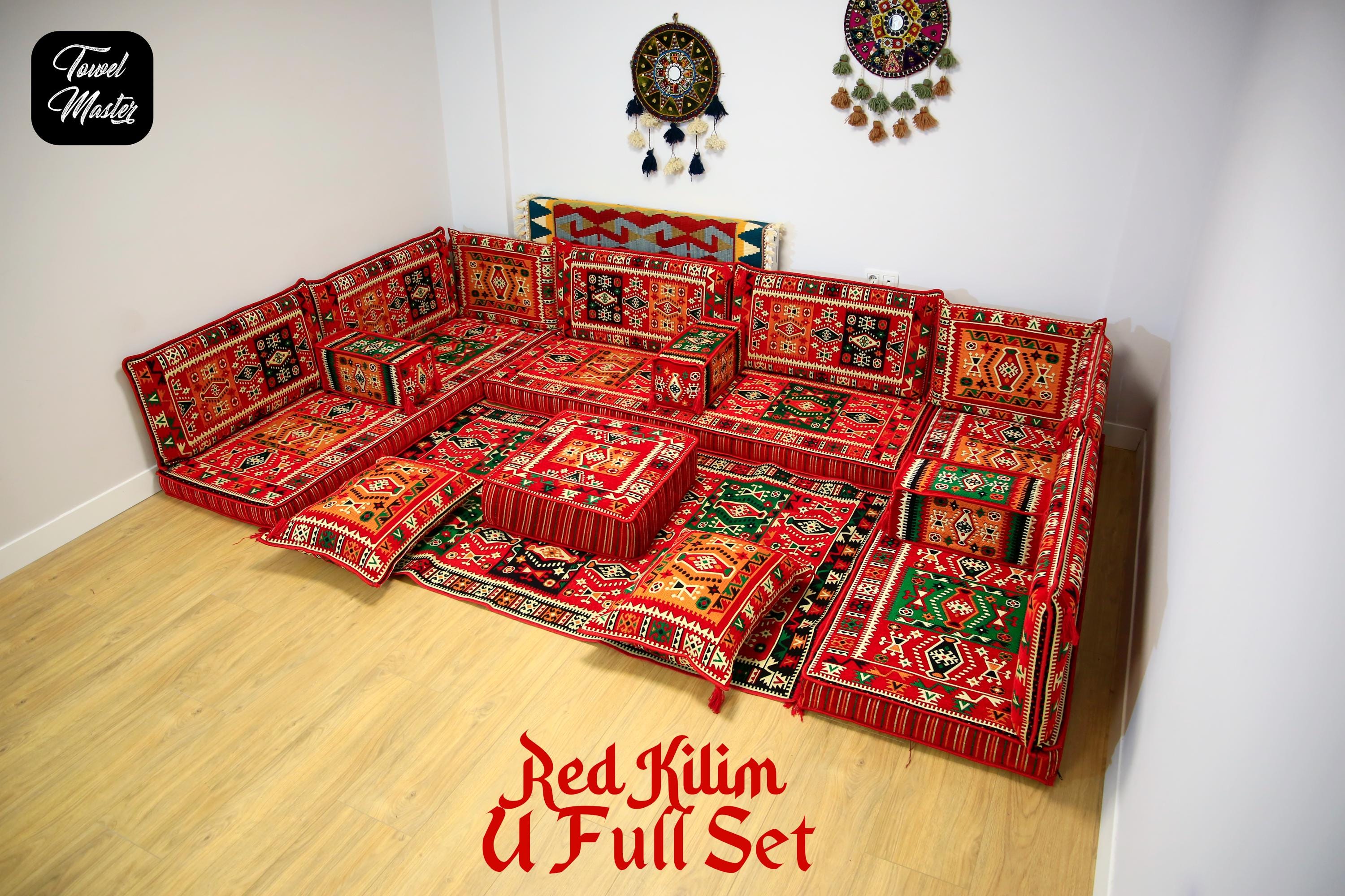 Red Kilim Sofa Seating, U FULL SOFA SET, Arabic Majlis Set