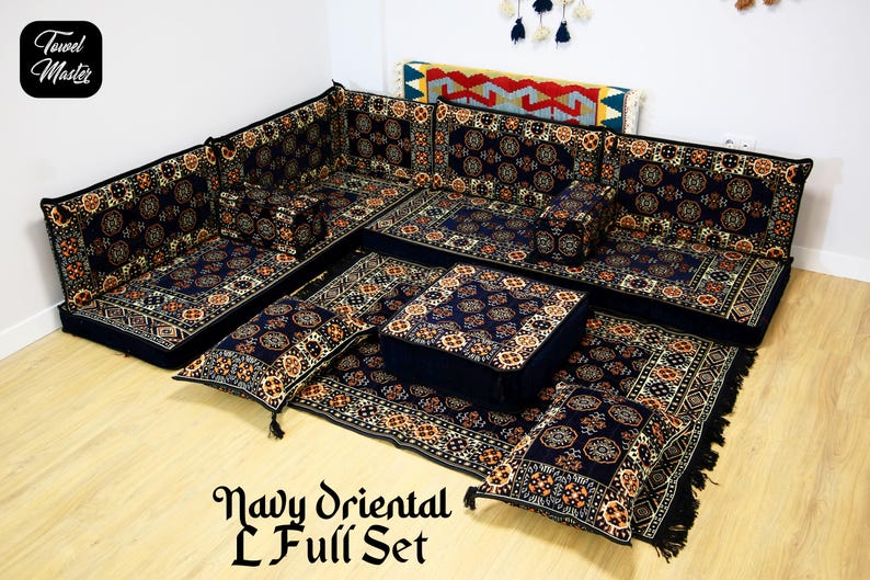 Navy Colored U FULL SET Arabic Sofa Seating, Oriental Stylish Living Room Furniture, Traditional Majlis Sofa SET, Ottoman Sofa, Kilim Sofa