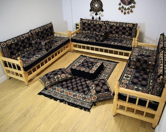 Ensemble de canapés en bois fait main bleu marine, sièges bohèmes, décoration d'intérieur ethnique, meubles de salon traditionnels, meubles de jardin, canapé ottoman