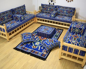 Ensemble complet en kilim bleu en forme de U avec bancs en bois, ensemble de canapés en bois faits main avec coussins géométriques bleus, meubles de maison ethniques, cadeau unique