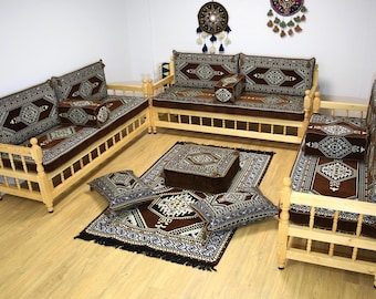 Causeuse rembourrée en kilim marron, banc en bois fait main, ensemble de sièges ottomans, majlis arabe, canapé yéménite, canapé en bois de pin, ensemble de canapés