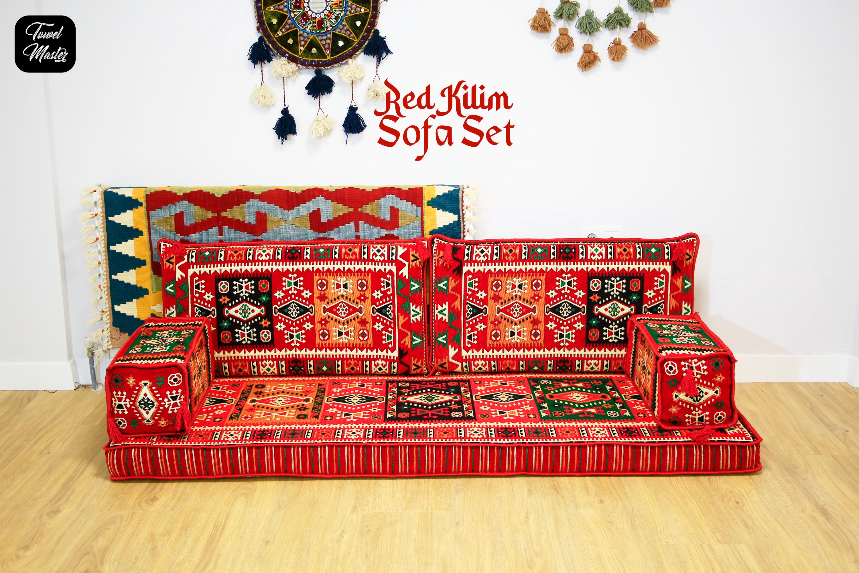 Red Kilim Sofa Seating, U FULL SOFA SET, Arabic Majlis Set