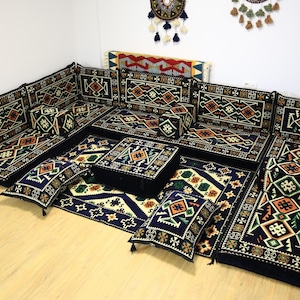 Navy Color Ottoman Floor Seating, Arabic Majlis, Moroccan Couch, Oriental Cushion Set, Ottoman Sofa, Reading Nook, Kilim Sofa Loveseats