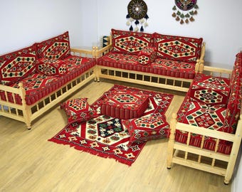 Ensemble de canapé rembourré en kilim de couleur rouge, ensemble complet en forme de U, banc en bois fait main, ensemble de sièges de style turc, canapé ottoman, déco de banc arabe