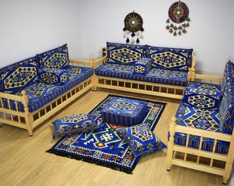 Canapé bleu rembourré Kilim, canapé ottoman, banc en bois fait main, canapé arabe, majlis du Yémen, ensemble de canapés en pin, ensemble complet de canapés en U