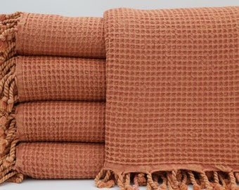 Burnt Orange Bed Cover,Turkish Blanket,Stonewashed Blanket,Turkish Bedspread,Waffle Blanket,70&quot;x87&quot;,Bulk Blankets,Sofa Decor Blankets,UA002E